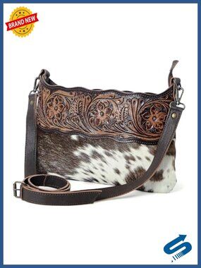Genuine Leather Floral Tooled Crossbody Bag with Adjustable Strap